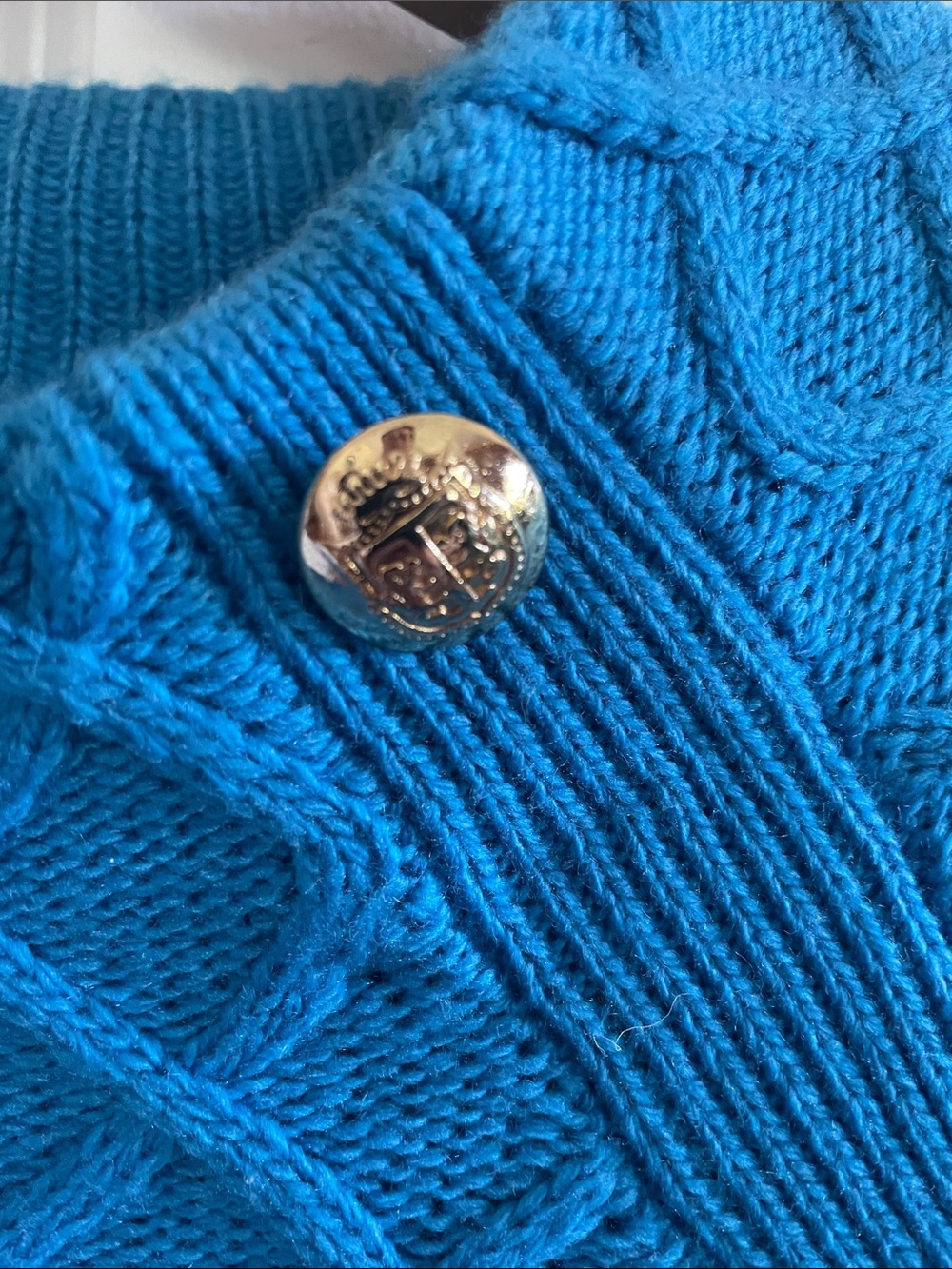 Talbots Bright Blue Cable-Knit Sweater with Gold Buttons - Picture 3 of 6